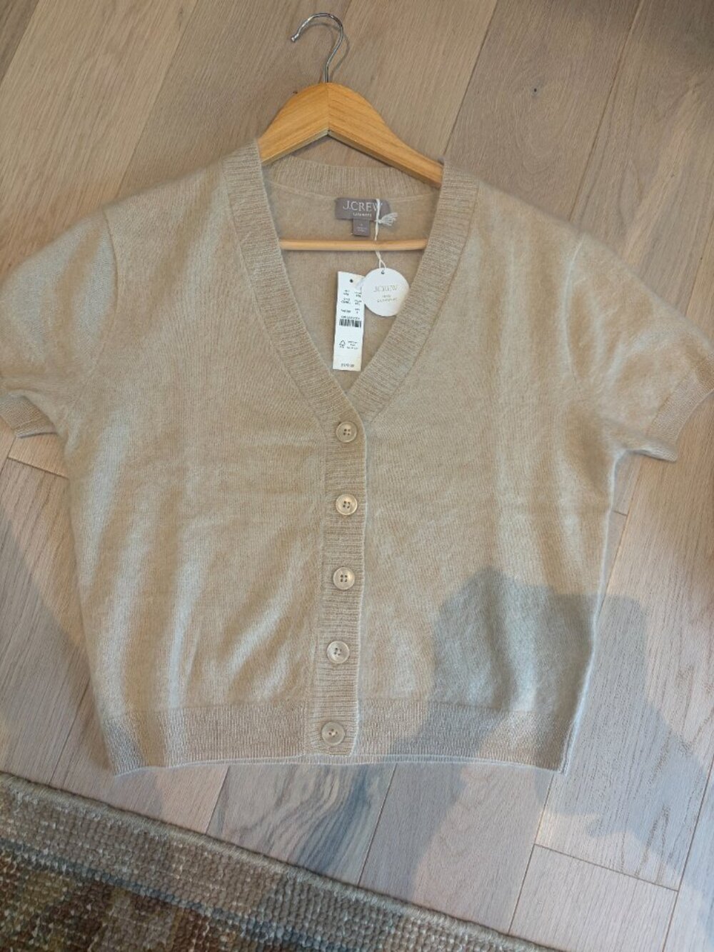 J. Crew Brushed Cashmere Short Sleeve Cardigan Sweater in Heather Flax, S, NWT